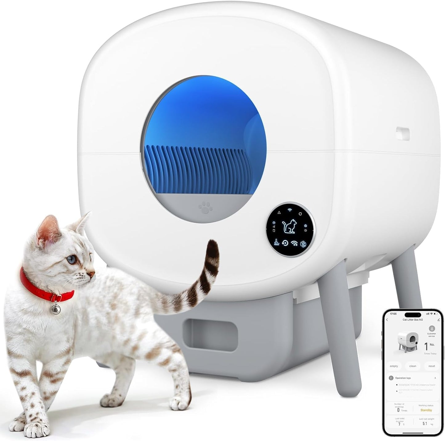 Self Cleaning Litter Box,95L Automatic Cat Litter Box Self Cleaning Large Capacity for Multiple Cats, App-Controlled with Safety Sensors, Removable Washable Liner,2 Rolls Garbage Bags,Grey