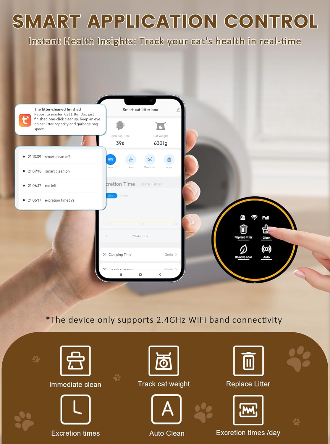 Self-Cleaning Cat Litter Box, Improved Robot Automatic Cat Litter Box for Multiple Cats, 65L + 9L Extra Large, Negative Ion Sterilization and Deodorization, APP Control, 3 Roll Cat Litter Liner Features