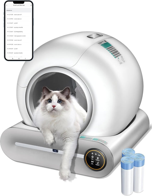 Self-Cleaning Cat Litter Box, Improved Robot Automatic Cat Litter Box for Multiple Cats, 65L + 9L Extra Large, Negative Ion Sterilization and Deodorization, APP Control, 3 Roll Cat Litter Liner Features