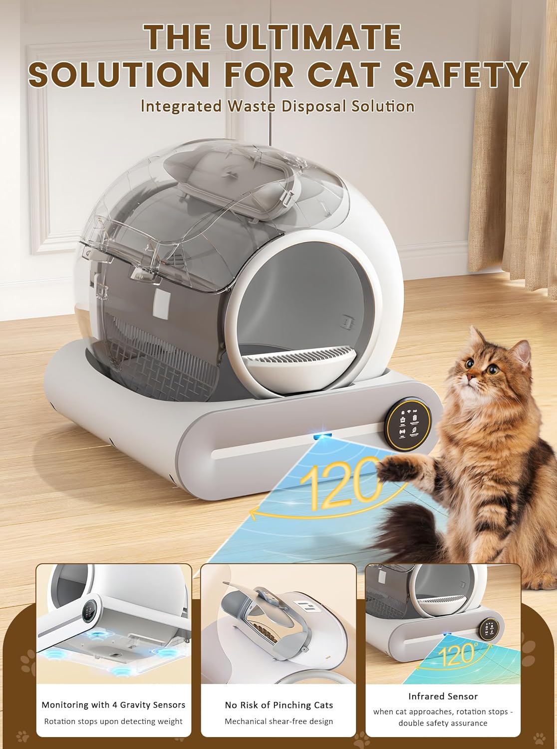 Self-Cleaning Cat Litter Box, Improved Robot Automatic Cat Litter Box for Multiple Cats, 65L + 9L Extra Large, Negative Ion Sterilization and Deodorization, APP Control, 3 Roll Cat Litter Liner Features