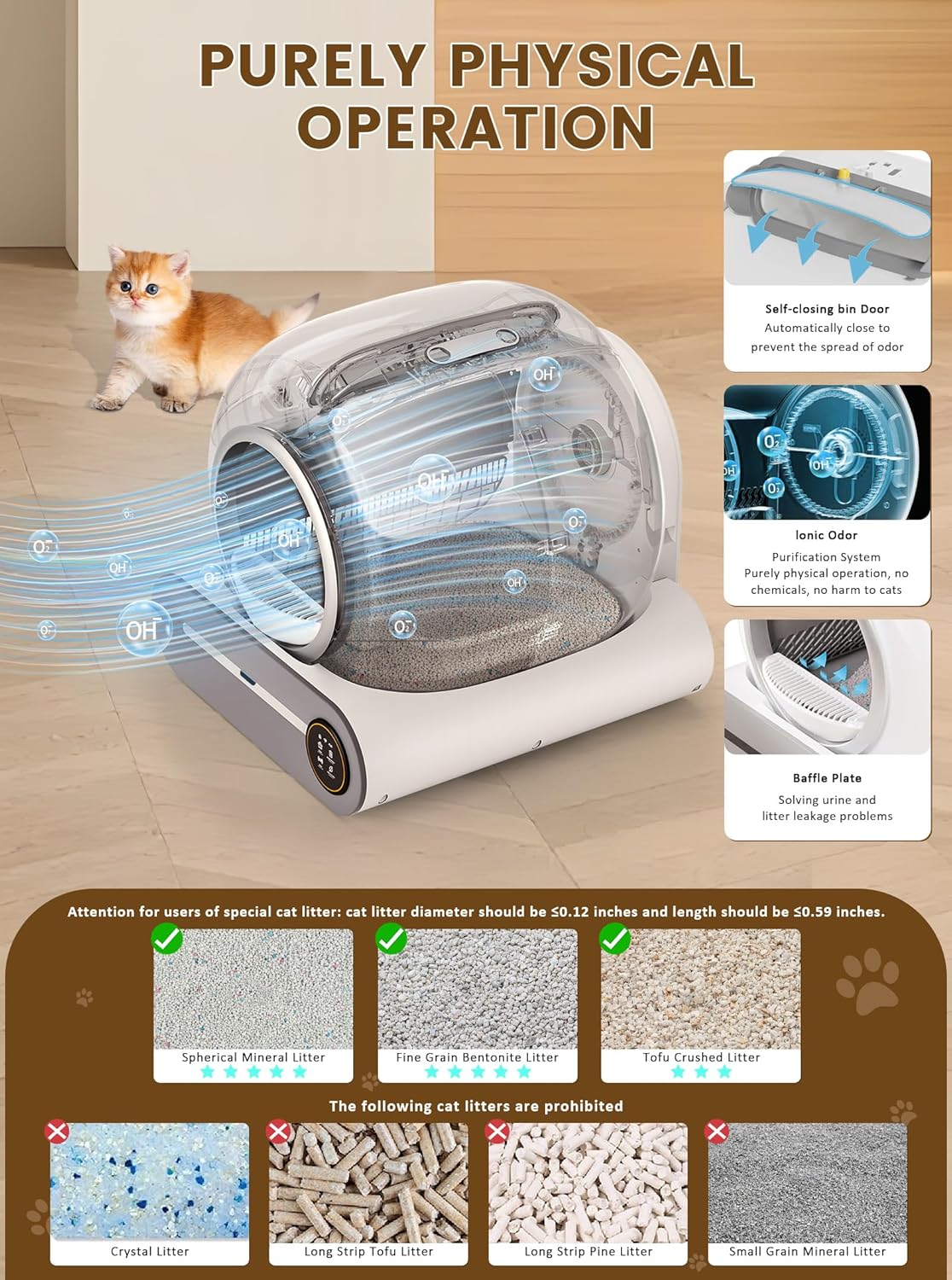 Self-Cleaning Cat Litter Box, Improved Robot Automatic Cat Litter Box for Multiple Cats, 65L + 9L Extra Large, Negative Ion Sterilization and Deodorization, APP Control, 3 Roll Cat Litter Liner Features