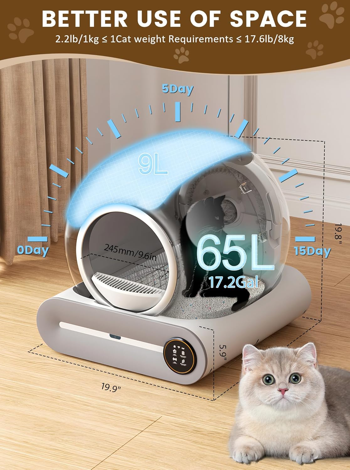 Self-Cleaning Cat Litter Box, Improved Robot Automatic Cat Litter Box for Multiple Cats, 65L + 9L Extra Large, Negative Ion Sterilization and Deodorization, APP Control, 3 Roll Cat Litter Liner Features